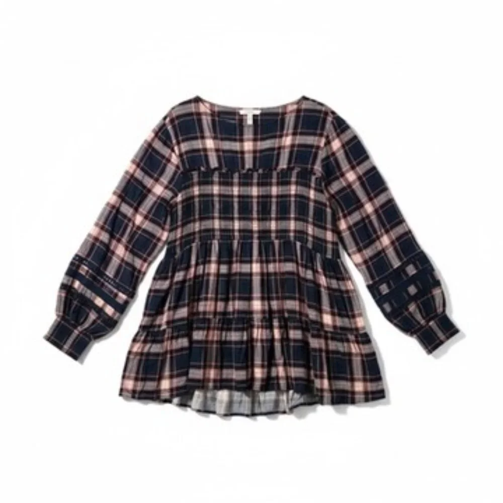 EUC Torrid Babydoll w/ Lace Insert Smocked Tiered Top Blue/Pink Plaid SZ4 ( 26) - Picture 6 of 8